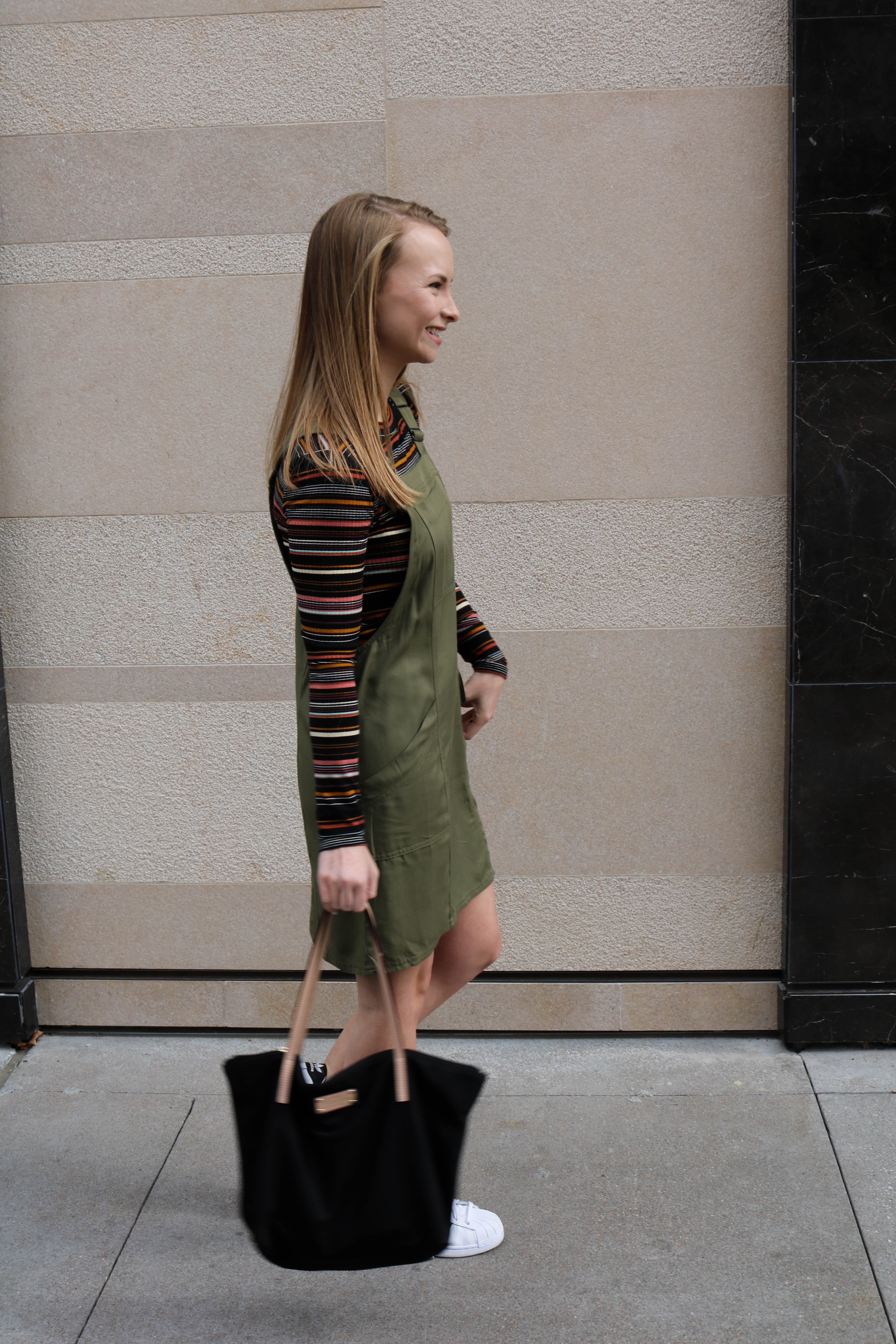 Army Green Pinafore Jumper | The long sleeve shirt underneath comes with it - so two outfits in one! I love the dark colored stripes, and paired it with some Adidas superstars to make it a bit more casual!