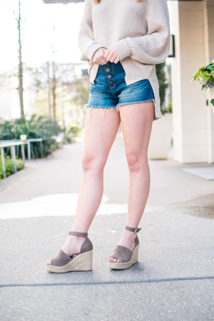 I love the look of sweaters and denim shorts and these wedges are THE shoe of spring. They take a little breaking in, but after they are super comfortable! The height is perfect, and I love how long my legs look wearing them! If you're still deciding whether or not to make the plunge for these shoes I say go for it! 