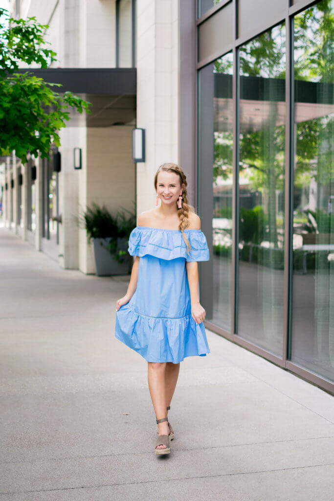 Deciding on what to wear to a spring wedding can be a tough decision. This ruffle off the shoulder dress is perfect for any spring wedding. Under $25 + the perfect material for an outdoor wedding and so easy to dance in!