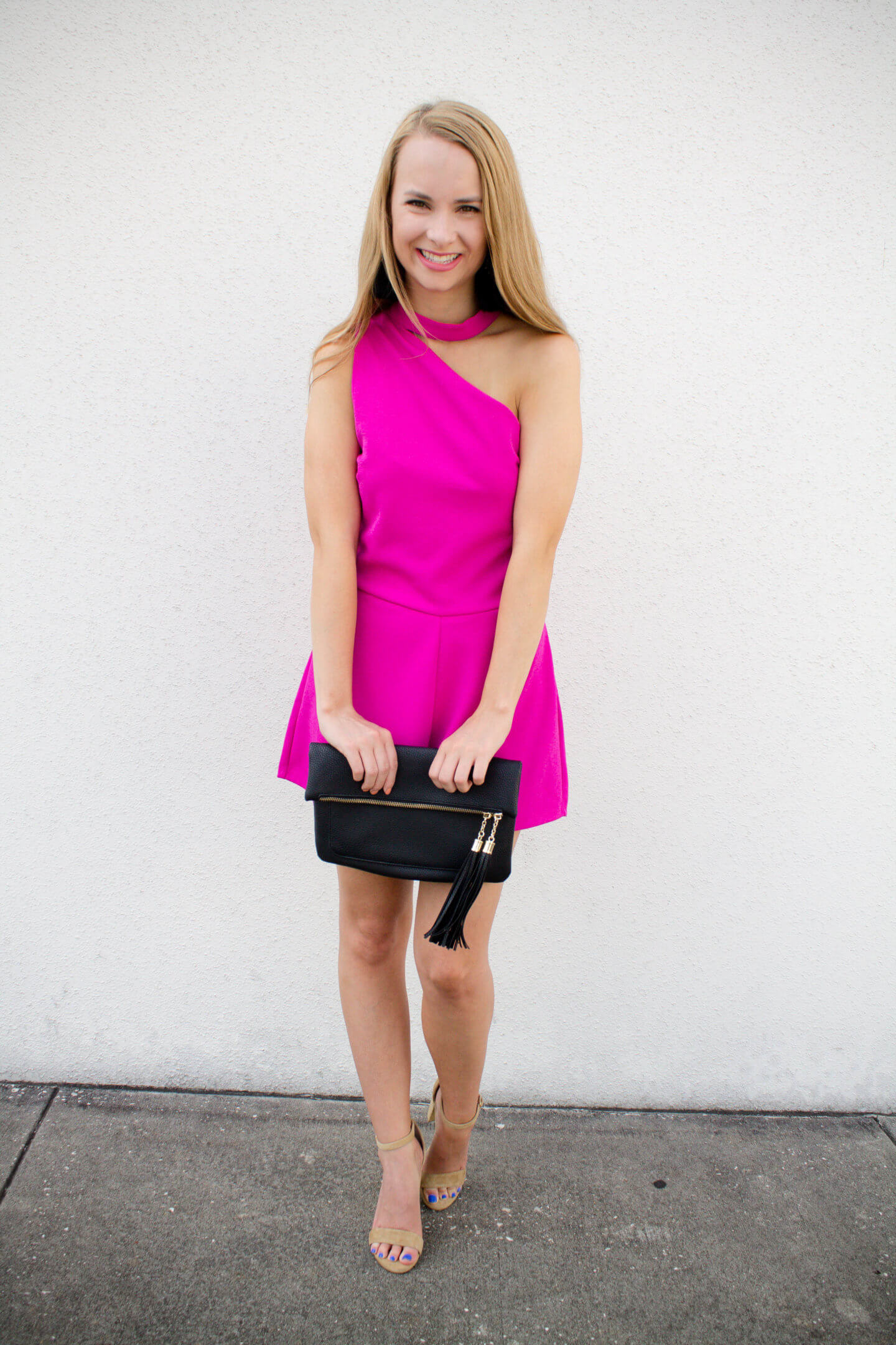 Pink one shoulder romper that is so flattering & would be perfect for a formal wedding. Cashmore Style one shoulder romper under $50. Hot pink affordable romper | The Blonder Life