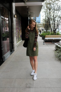 Army Green Pinafore Jumper | The long sleeve shirt underneath comes with it - so two outfits in one! I love the dark colored stripes, and paired it with some Adidas superstars to make it a bit more casual!